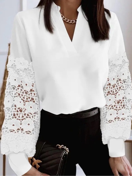 Tops - Lace-Sleeve V-Neck White Blouse